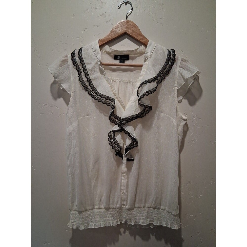 AB Studio Wmn's Sz M Flutter Slv Ivory Sparkle Blouse Ruffle Blk Lace Trim Band